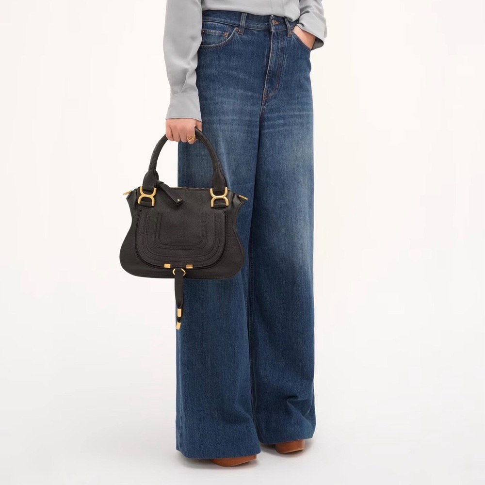 Chloe Small Marcie Leather Satchel Black Crossbody Bag with Gold Accents - Picture 2 of 16